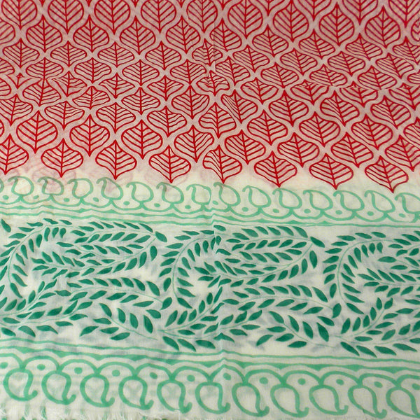 Red and Green Leaf Design Cotton Scarf - Asha Handicrafts