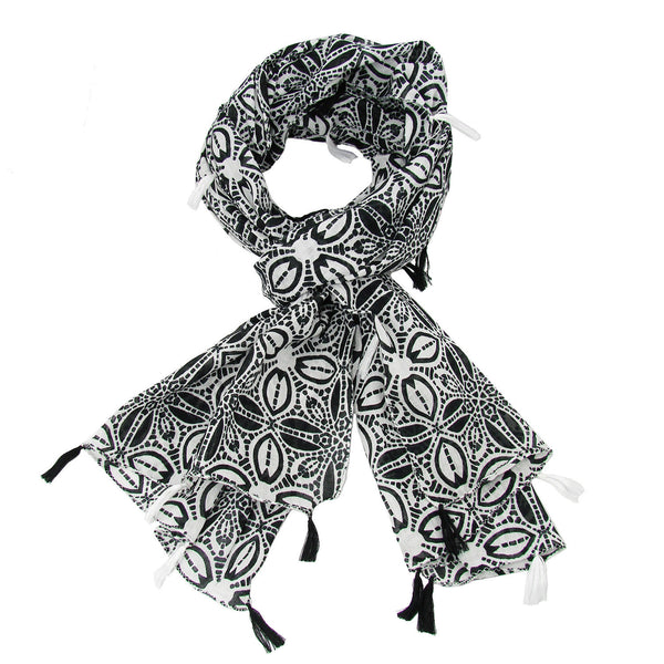 Black and White Symmetry Scarf with Tassels Handmade and Fair Trade
